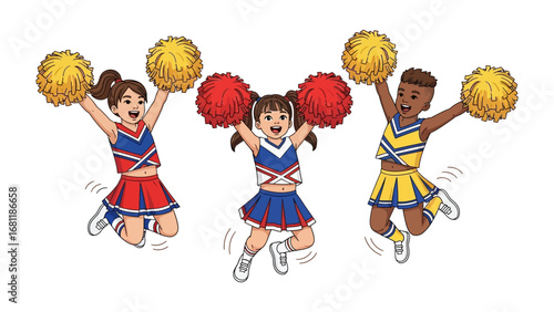 Enthusiastic Cheerleaders: Three animated cheerleaders, each a figure of energy, dressed in bright colors, showcase their athleticism with a leap, symbolizing team spirit. 