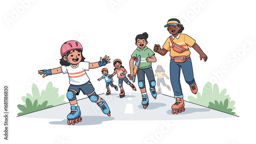 Roller Skating Fun: A group of friends and family enjoy roller skating on a sunny day, embracing the freedom and exhilaration of movement, showcasing the joy of active leisure.