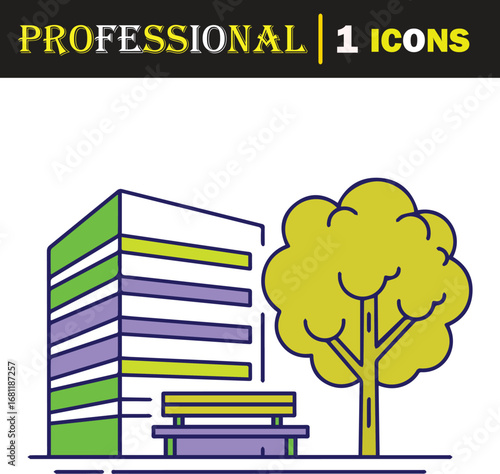 Vector art of modern building with a tree and bench in a park, symbolizing urban environment, nature, and relaxation