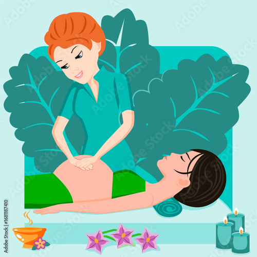 Massage for pregnant woman. Therapy and treatment by professional therapist in SPA. Isolated flat vector illustration. European and Asian ethnicity.