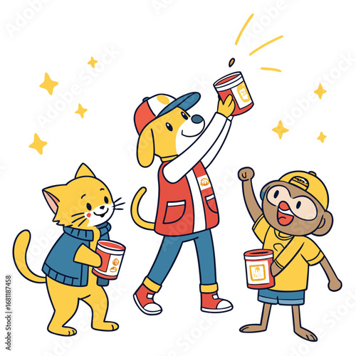 Vector illustration of Cartoon dog, cat, and monkey celebrating with sparklers and stars