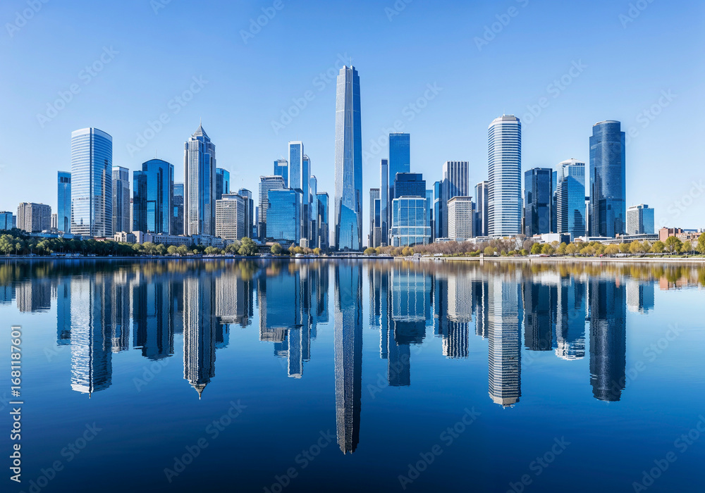Fototapeta premium Urban Skyline Reflecting In Water