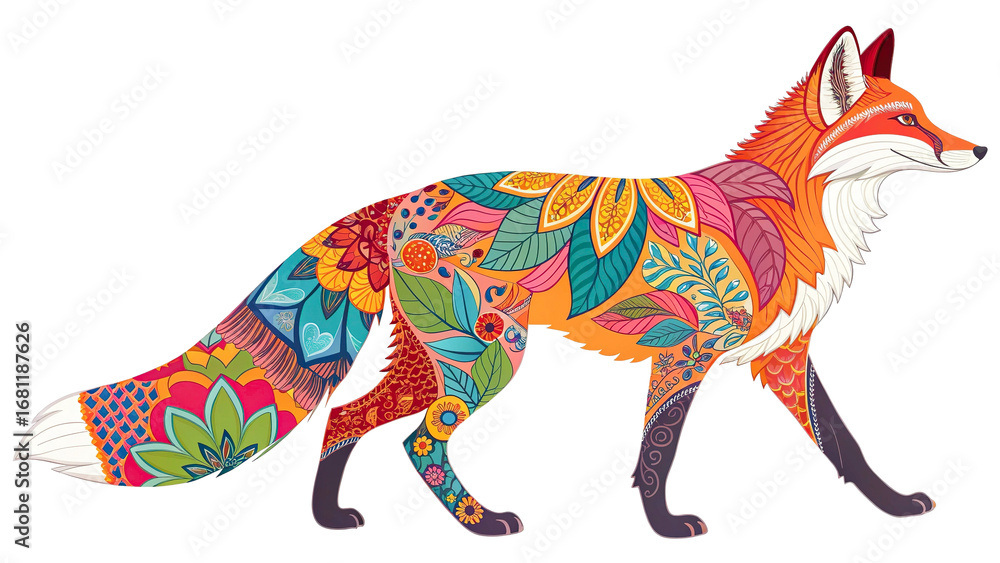 Obraz premium Full body fox artwork in bold colors, digital art pattern showing grace and motion, isolated transparent background.
