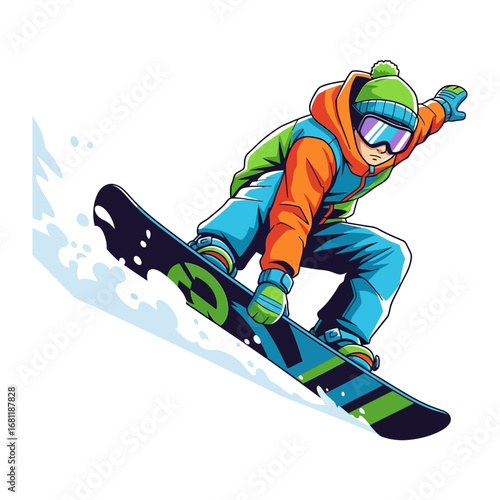 Snowboarding Silhouette: A vibrant illustration captures the dynamic action of a snowboarder carving down a snow-covered slope, a thrilling adventure unfolds on a crisp, winter day.
