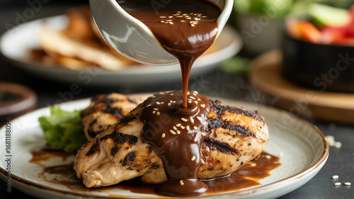 Close-Up of Mole Sauce Pour Over Chicken – Authentic Mexican Cuisine
