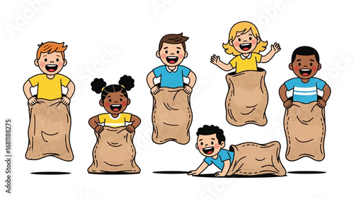 Sack Race Fun: A group of children participate in a spirited sack race, embodying joy and competitive spirit within a cartoon illustration.