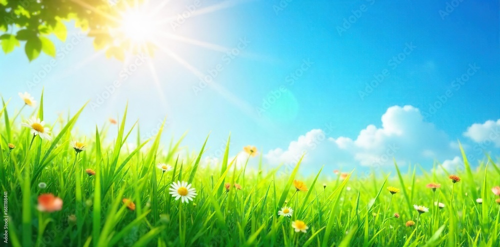 Obraz premium A vibrant summer scene featuring lush green grass, bright sun, and a clear blue sky Perfect for summer vacation, travel, or holiday themes , stunning, landscape