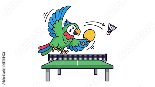 Parrot Playing Table Tennis: An illustrated, vibrant parrot engages in a friendly game of table tennis. A playful avian athlete returns a ball.
