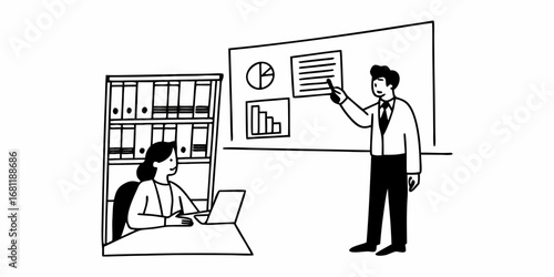 A man giving a presentation with charts and graphs while a woman works on her laptop at her desk nearby
