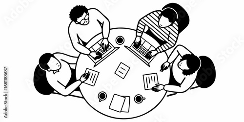 Illustration of four people at a round table working on laptops and papers in a meeting setting