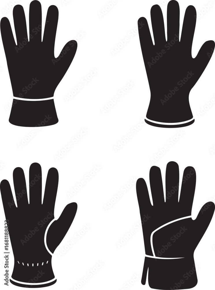 Fototapeta premium Glove Silhouettes Set in 2x2 Grid – Vector Icons of Protective, Safety, Work, and Rubber Gloves on White Background