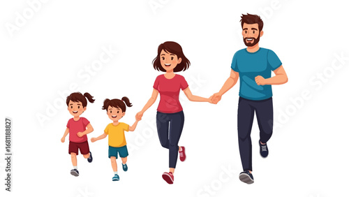Happy Family in Motion: A joyful nuclear family running hand-in-hand together, celebrating the bond of love and togetherness in a vibrant scene.
