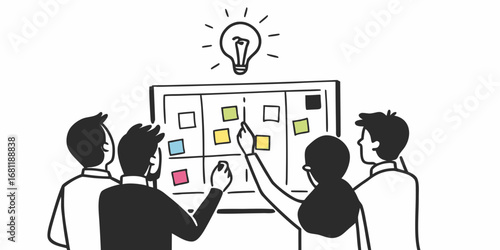 Group of people brainstorming ideas on a whiteboard with sticky notes under a lightbulb illustration