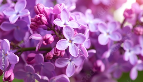 Close-up of vibrant purple lilac blossoms in a spring garden.  Soft focus highlights delicate flower clusters