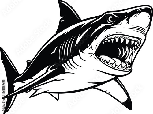 Shark: A terrifying black and white illustration of a great white shark, mouth agape and teeth bared, with a sense of aggressive motion.