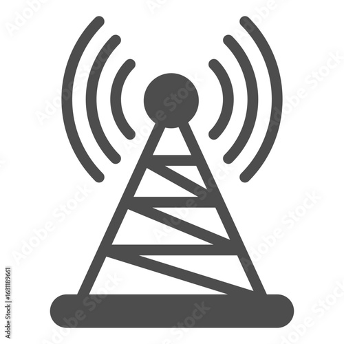 Broadcasting antenna with signal solid icon, info tech concept. Vector graphics. Television or cellphone tower, coverage sign on white background, outline style icon for mobile or web design.