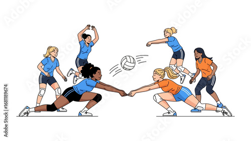 Volleyball Match Illustration: An artistic illustration of a dynamic volleyball match in action, players are fully engaged. showing the fierce competition and fluid motion of the game. 