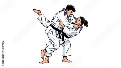 Judo Match: A dynamic illustration captures the essence of judo with two athletes in action, showcasing skillful techniques and focused determination, with one executing a dynamic throw.