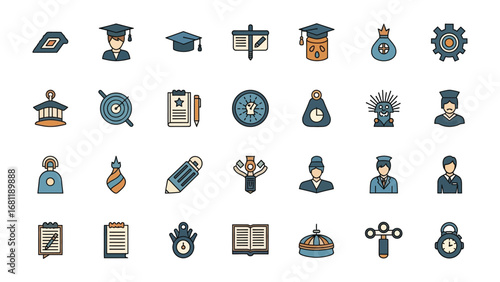 Education and learning concept: A collection of colorful icons representing educational concepts like student, teacher, book, university, and graduation.