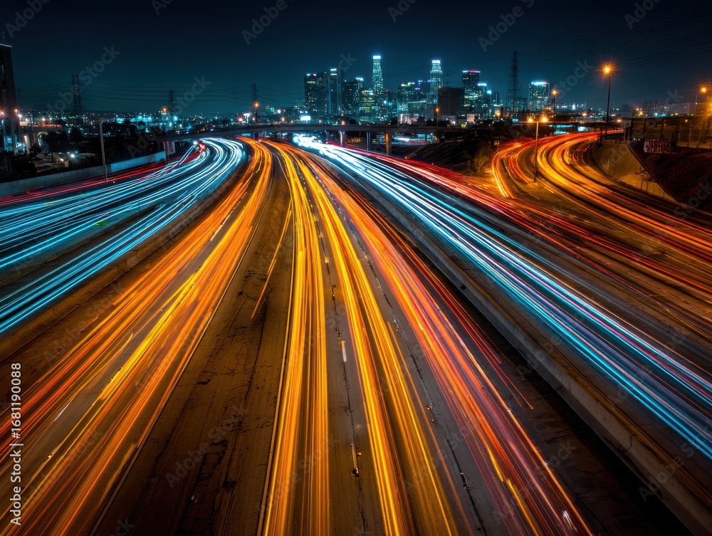 Fototapeta premium Long exposure of traffic on highway at night with city skyline in background in Los Angeles California