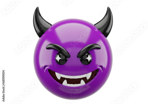 Purple devil emoji with horns and a menacing grin isolated on transparent background