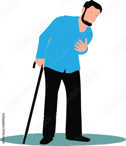 Man Holding Chest and Using Cane – Heart Pain and Physical Weakness Concept