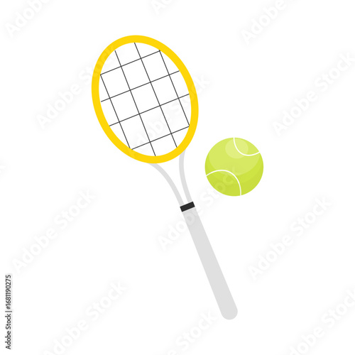 Flat vector illustration of a tennis racket with ball. Sport equipment icon for tennis game, training, competition, fitness and active lifestyle design projects. Isolated object.
