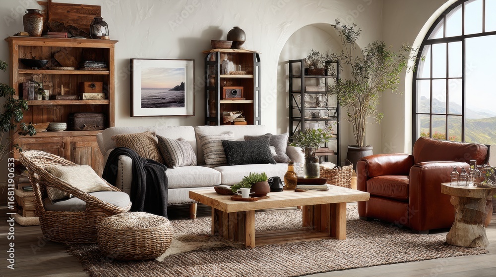 Fototapeta premium Interior design of a rustic living room with a sofa chair table and shelves in a cozy home setting showcasing natural light and earthy tones
