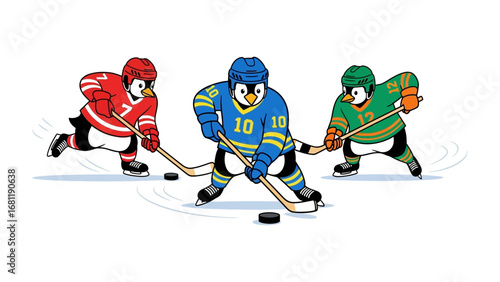 Penguins Hockey Team: A whimsical illustration showcases penguins passionately engaged in a hockey match, representing teamwork and the thrill of competition.