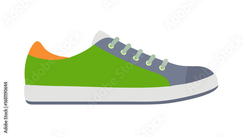 A stylish green and grey sneaker with orange accent and white laces isolated on transparent background