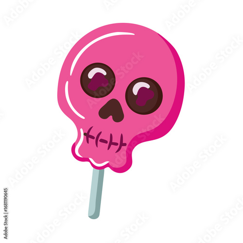 Whimsical pink skull shaped lollipop with dark chocolate eyes and stitched mouth isolated on transparent background
