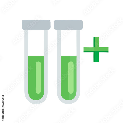Two green liquid filled laboratory test tubes with stoppers and a plus sign isolated on transparent background