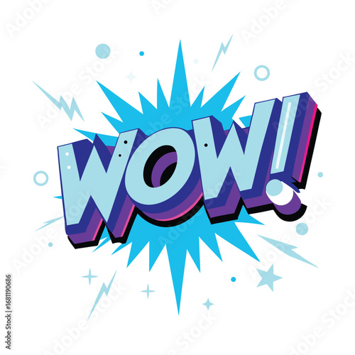 Dynamic comic book style explosion graphic featuring the word wow in bold 3d lettering with vibrant blue and purple shading on a white background