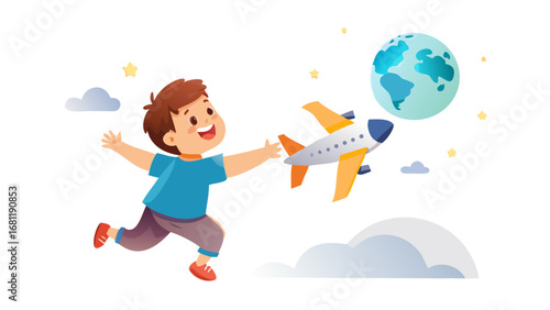Joyful young boy reaching for a toy airplane flying towards the earth in a starry night sky isolated on transparent background