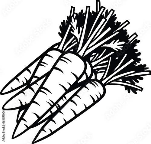 Carrot: A black and white line art bundle of carrots with green leafy tops, creating a clean, rustic, and organic look.