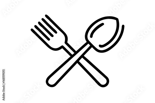 Line art illustration of a crossed fork and spoon, symbolizing dining, eating, or kitchen utensils.