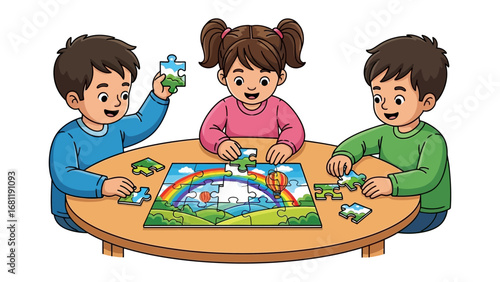Kids Assemble a Puzzle: Three happy youngsters immerse themselves in the challenge of assembling a colorful puzzle, showcasing the fun and learning involved in collaborative play.