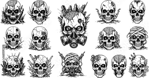 Spooky skull illustrations with grunge, creepy, Halloween, and black and white.