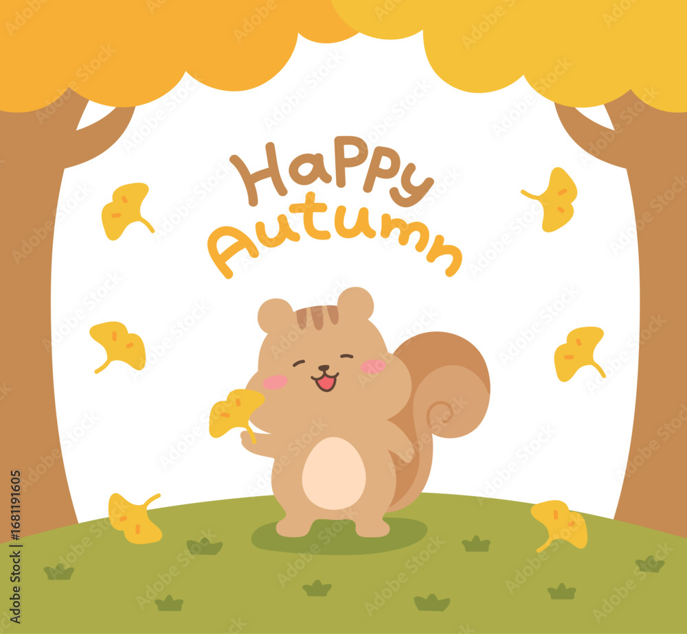 Naklejka premium A cute squirrel character illustration holding a ginkgo leaf in a forest with falling ginkgo leaves. Perfect for autumn-themed designs and children's content illustrations.