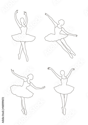 A set of illustrations of ballet movements and choreography, a dance art form that originated in Europe. Line shadow of a ballerina, female dancer.