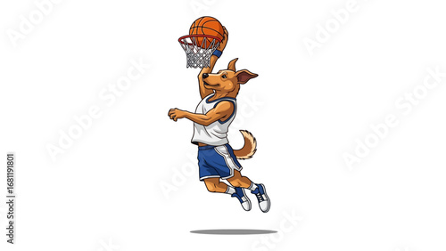 Slam Dunking Dog: A spirited cartoon dog executing an impressive slam dunk with a basketball, showcasing athletic prowess and playful energy.