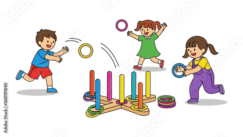 Ring Toss Game: Three children are joyfully engrossed in a game of ring toss, a playful scene of bright colours, laughter, and skill. capturing the playful scene of ring toss. 