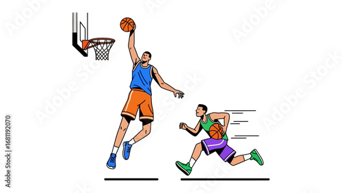 Basketball Action Illustration: Dynamic illustration depicting two athletes engaged in a high-energy basketball game, showcasing the thrilling moments of a slam dunk.
