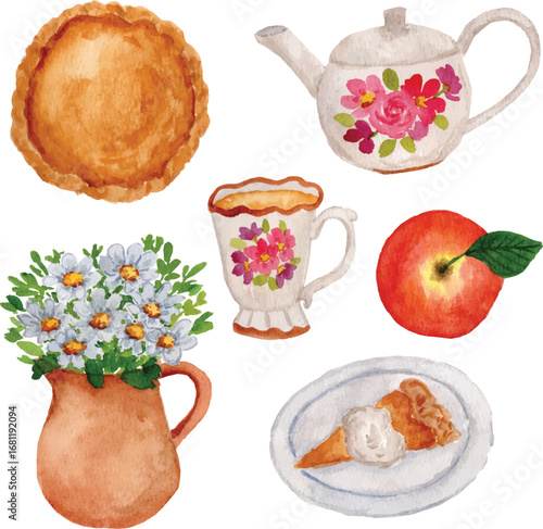 watercolor pie, tea, apple, and daisy flower illustration