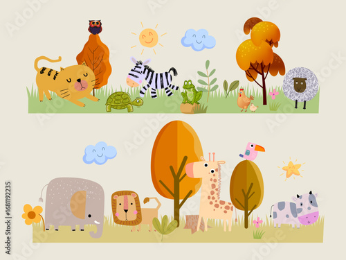 Kid animal collection childish hand drawn vector illustration. Cute African cartoon naif baby animal and nature background.