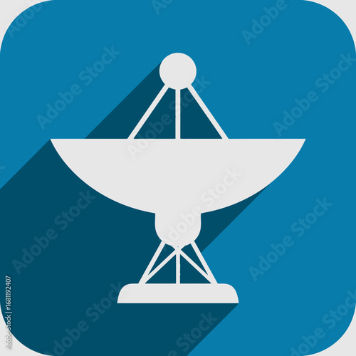 White satellite dish icon with a long shadow on a blue background, symbolizing global communication and technology.