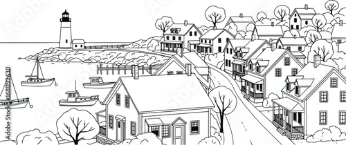Town: A detailed line art illustration of a charming coastal town with a lighthouse, boats, and houses along a winding road, in a clean, graphic style.