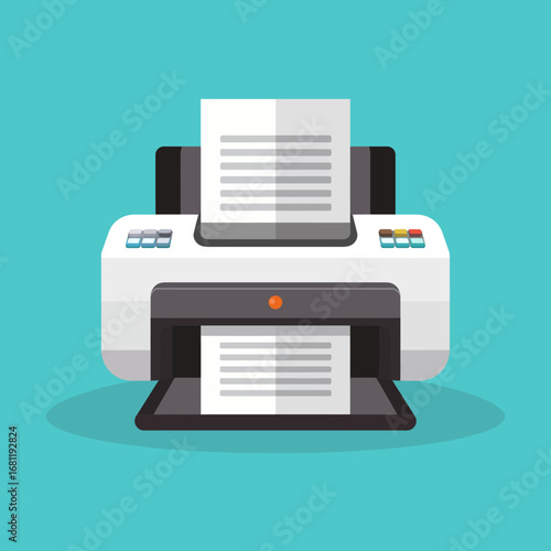 Flat design illustration of a white office printer with paper, printing documents on a teal background.