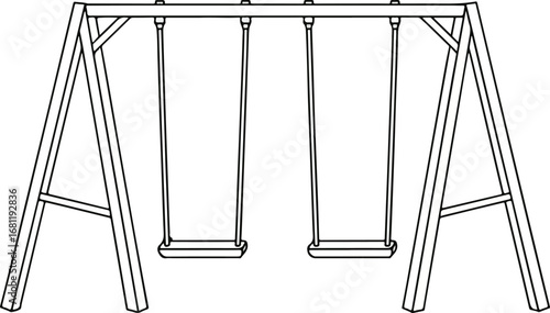 Swing: A simple black and white line art illustration of a backyard swing set with two swings, in a clean, minimalist style.