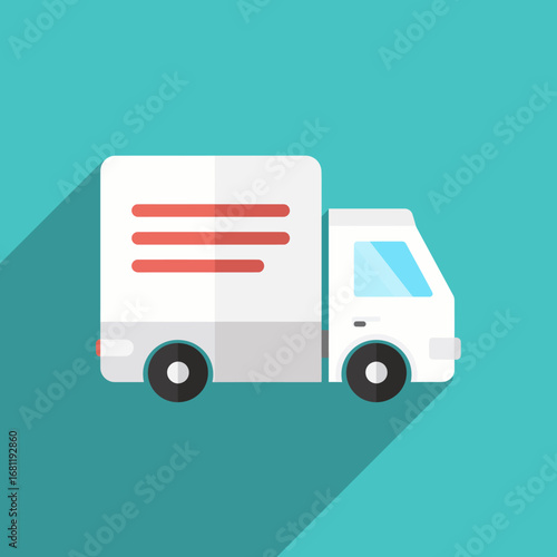 White delivery truck icon with red stripes, flat design.